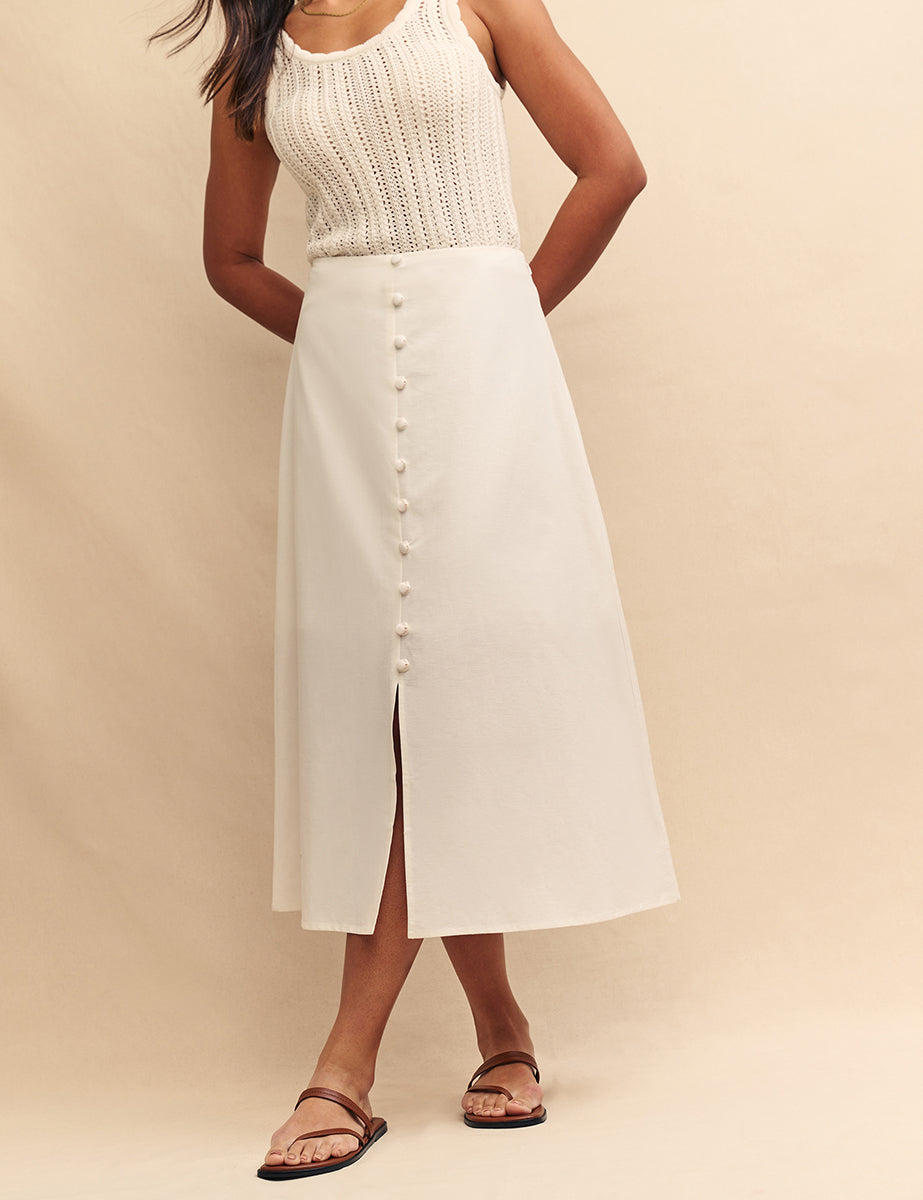White Linen-blend Sadie Button Down Midi Skirt