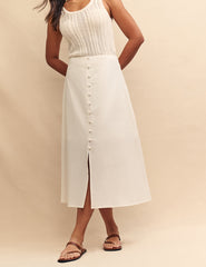 White Linen-blend Sadie Button Down Midi Skirt