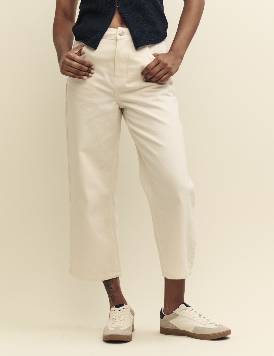 Cream Denim Cropped Wide Leg Jeans