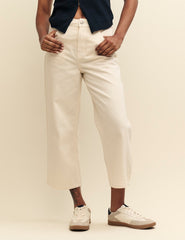 Cream Denim Cropped Wide Leg Jeans