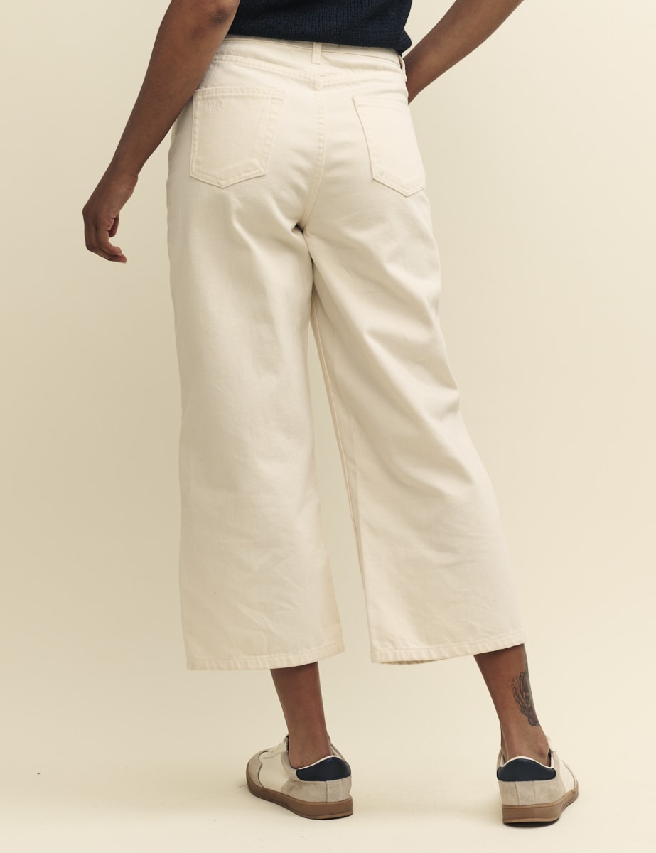 Cream Denim Cropped Wide Leg Jeans