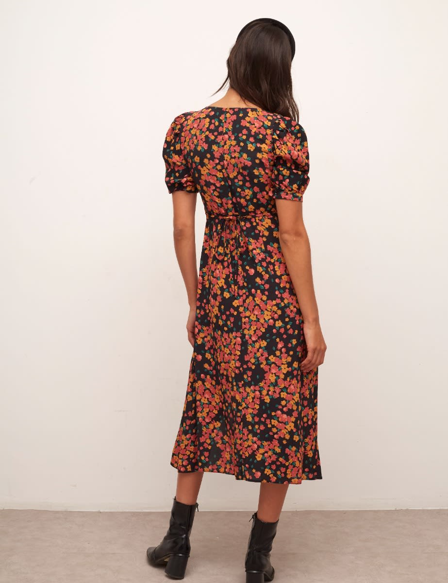 Black and Orange Floral S/S Rosie Midi Dress