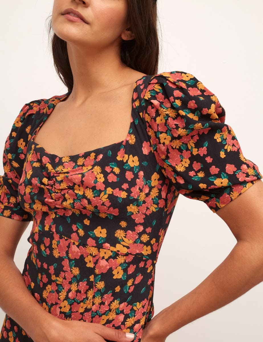 Black and Orange Floral S/S Rosie Midi Dress