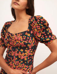 Black and Orange Floral S/S Rosie Midi Dress
