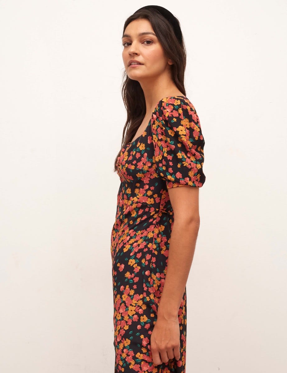 Black and Orange Floral S/S Rosie Midi Dress