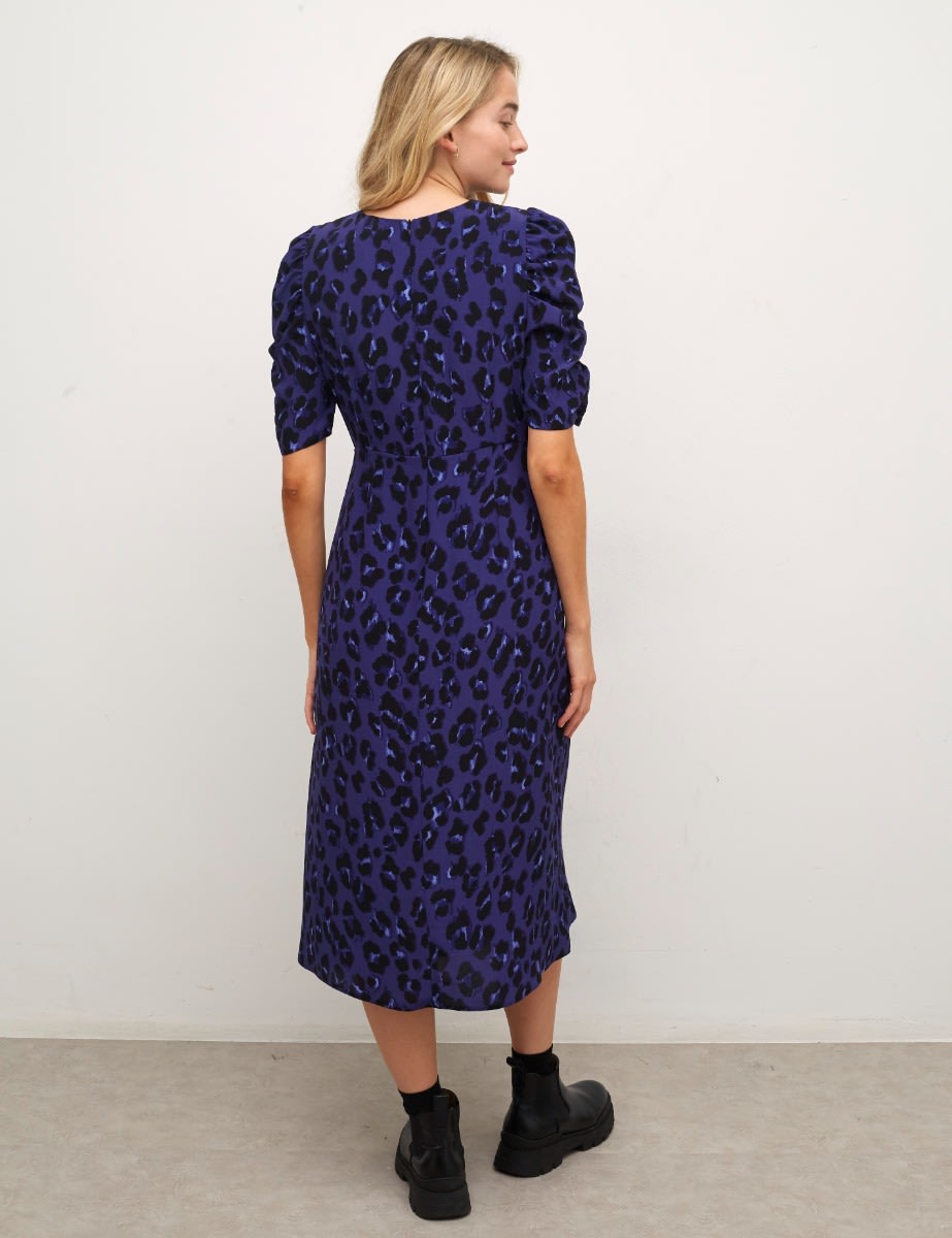 Purple Leopard Evie Ruched Sleeve Midi Dress
