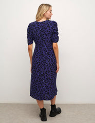 Purple Leopard Evie Ruched Sleeve Midi Dress