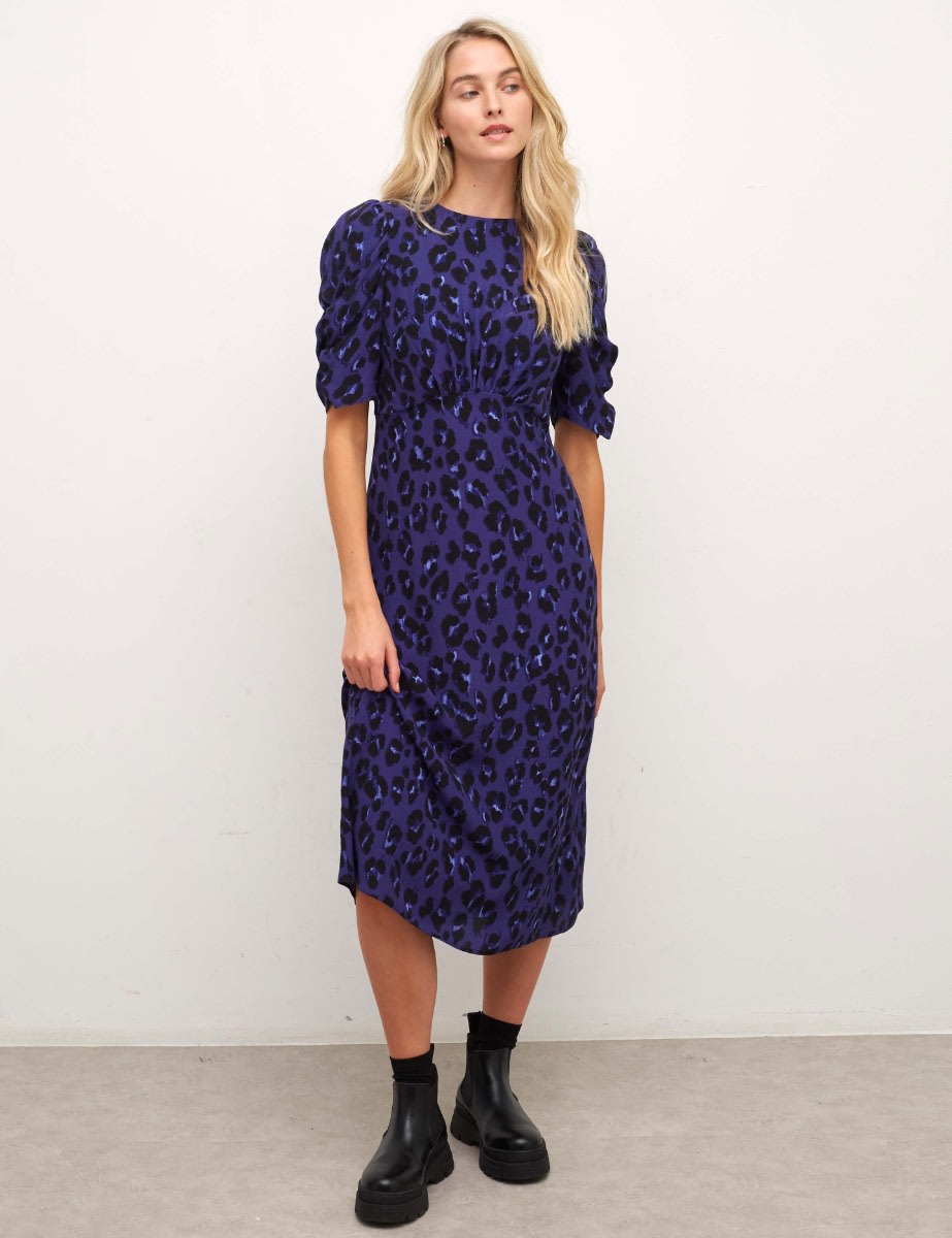 Purple Leopard Evie Ruched Sleeve Midi Dress