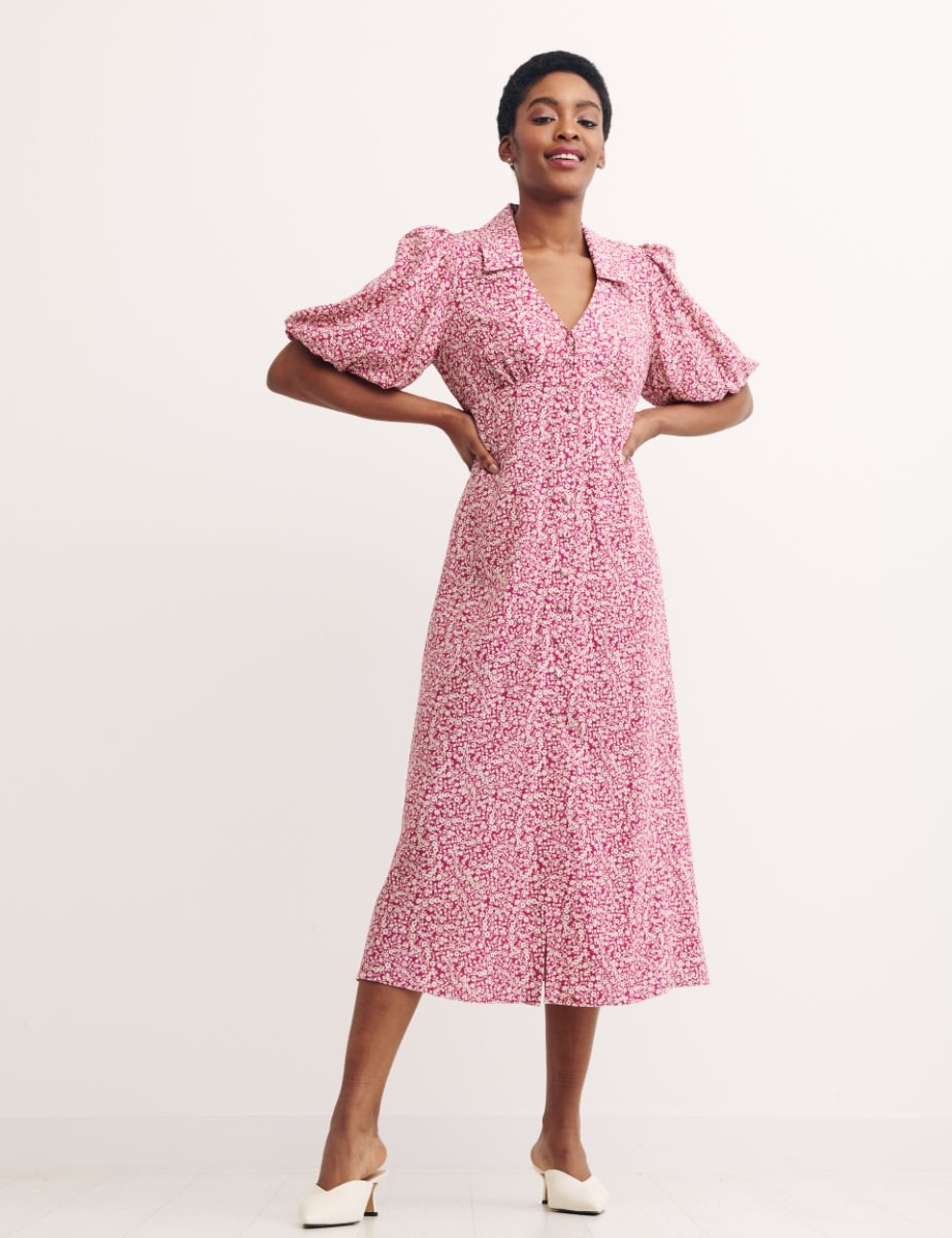 Pink Ditsy Floral Lorna Midi Dress
