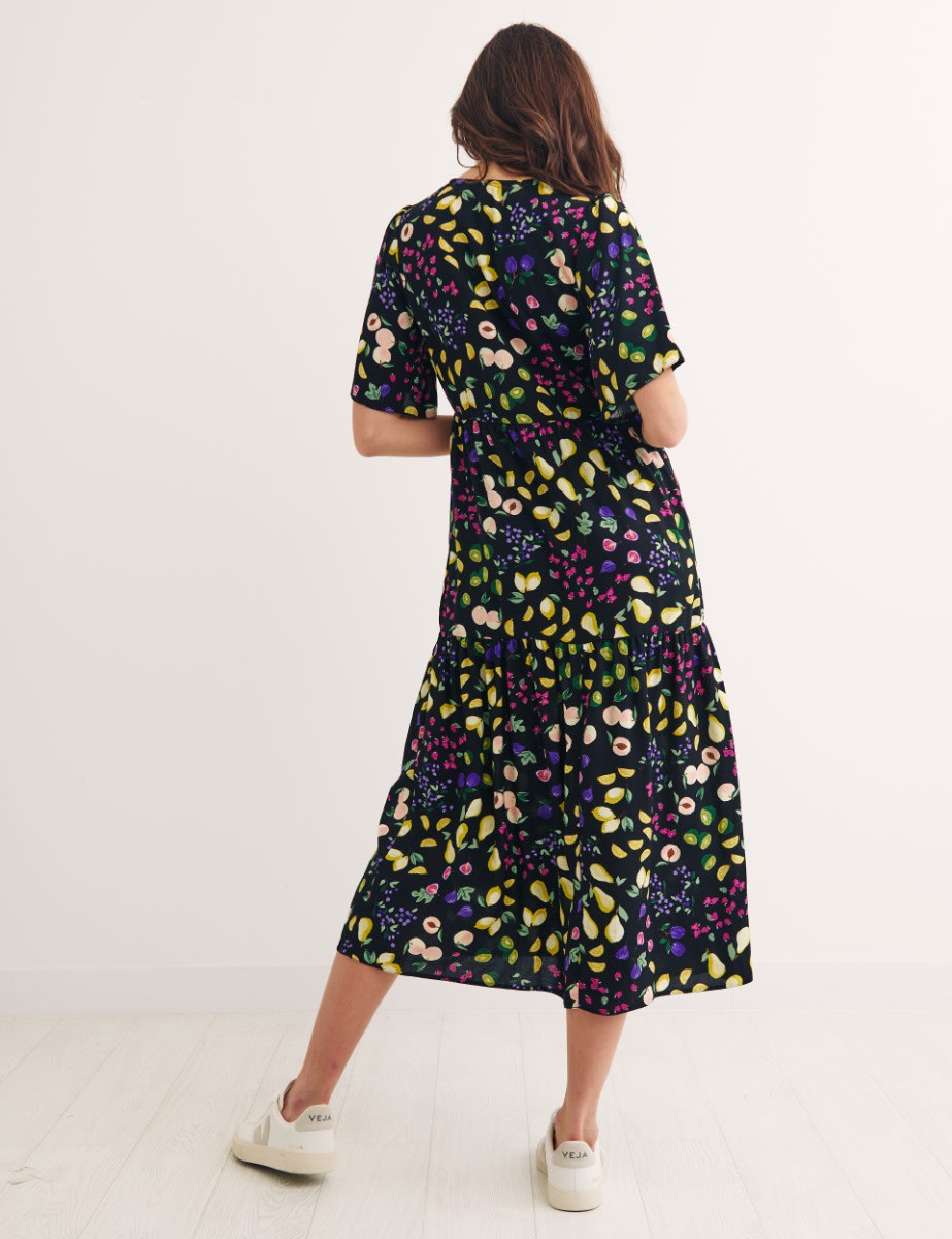 Black Fruit Print Clementine Smock Wrap Dress