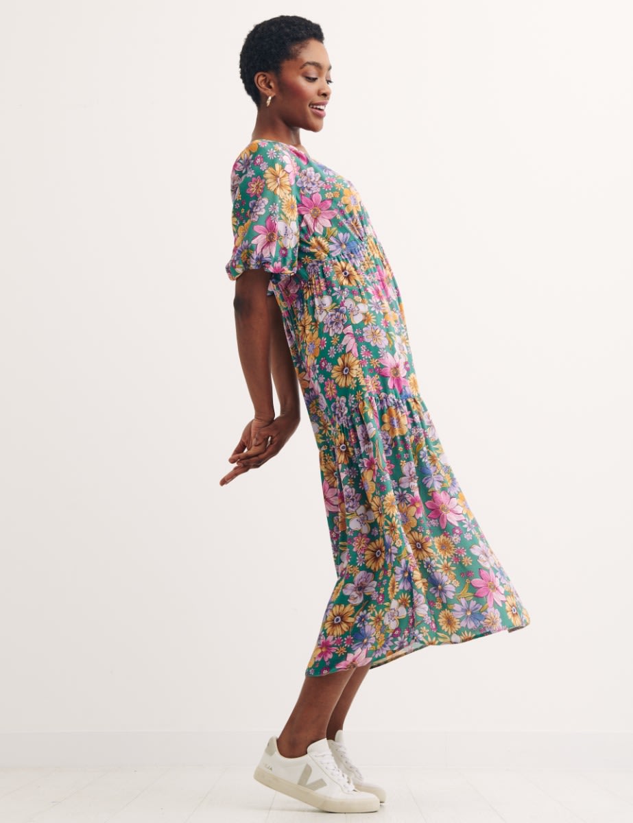 Multi Big Floral Valentine Bubble Sleeve Wrap Dress