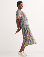 Multi Big Floral Valentine Bubble Sleeve Wrap Dress