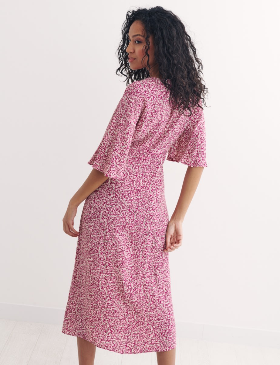 Pink Ditsy Floral Eva Flutter Sleeve Midi Dress