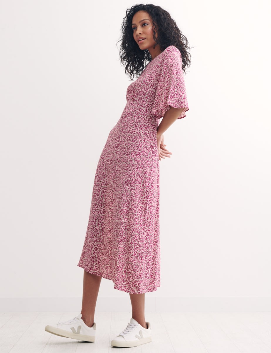 Pink Ditsy Floral Eva Flutter Sleeve Midi Dress