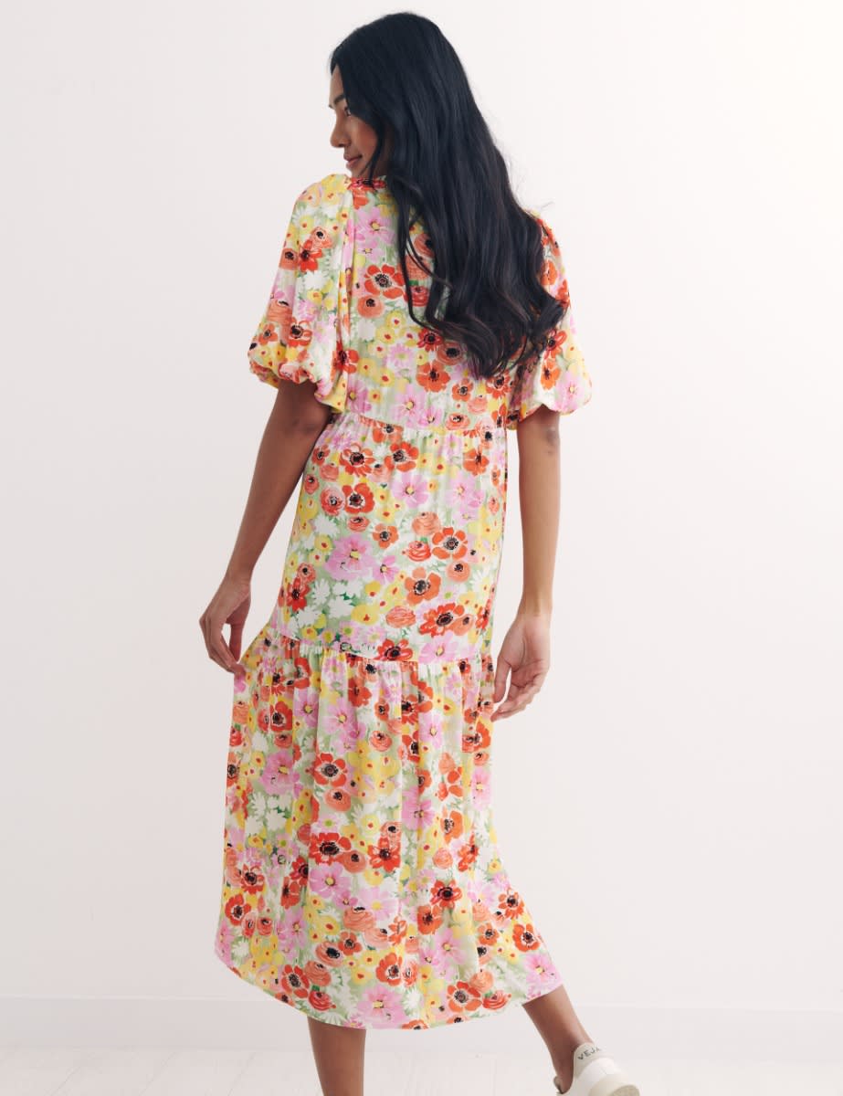 Multi Big Floral Valentine Bubble Sleeve Wrap Dress