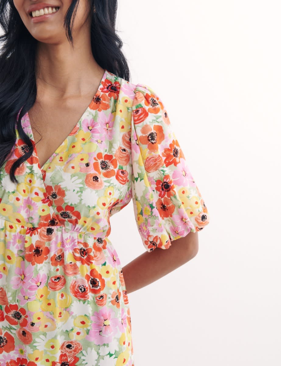 Multi Big Floral Valentine Bubble Sleeve Wrap Dress