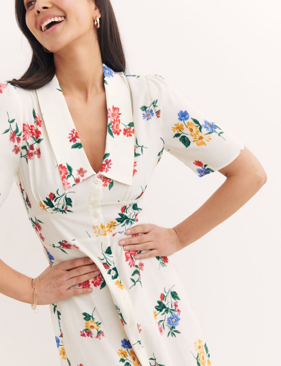 Cream Ditsy Floral Daisy Midi Dress