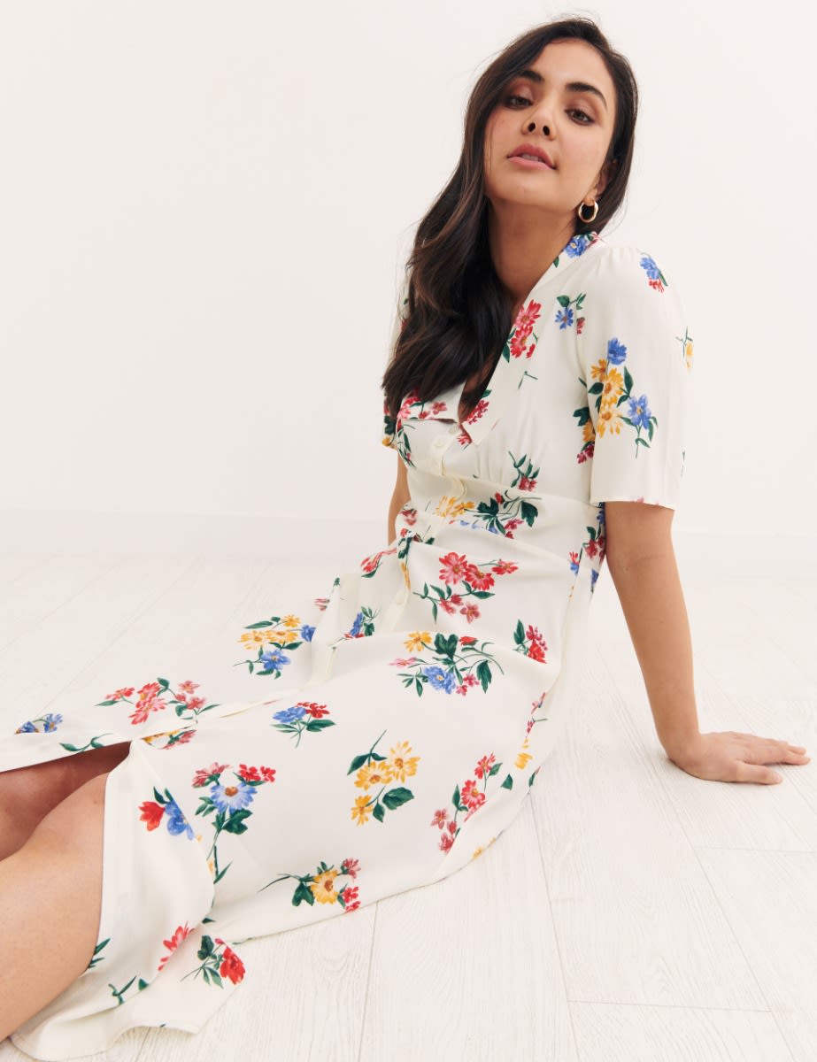 Cream Ditsy Floral Daisy Midi Dress