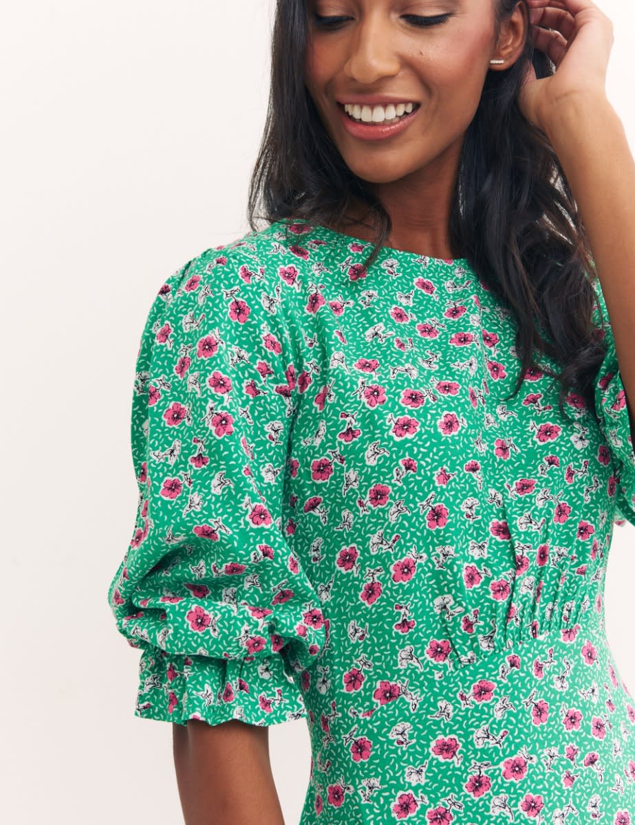 Green Ditsy Floral Print Selena Midi Dress