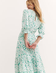 Green Retro Floral Print Selena Midi Dress