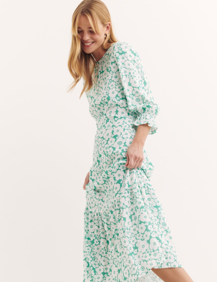Green Retro Floral Print Selena Midi Dress