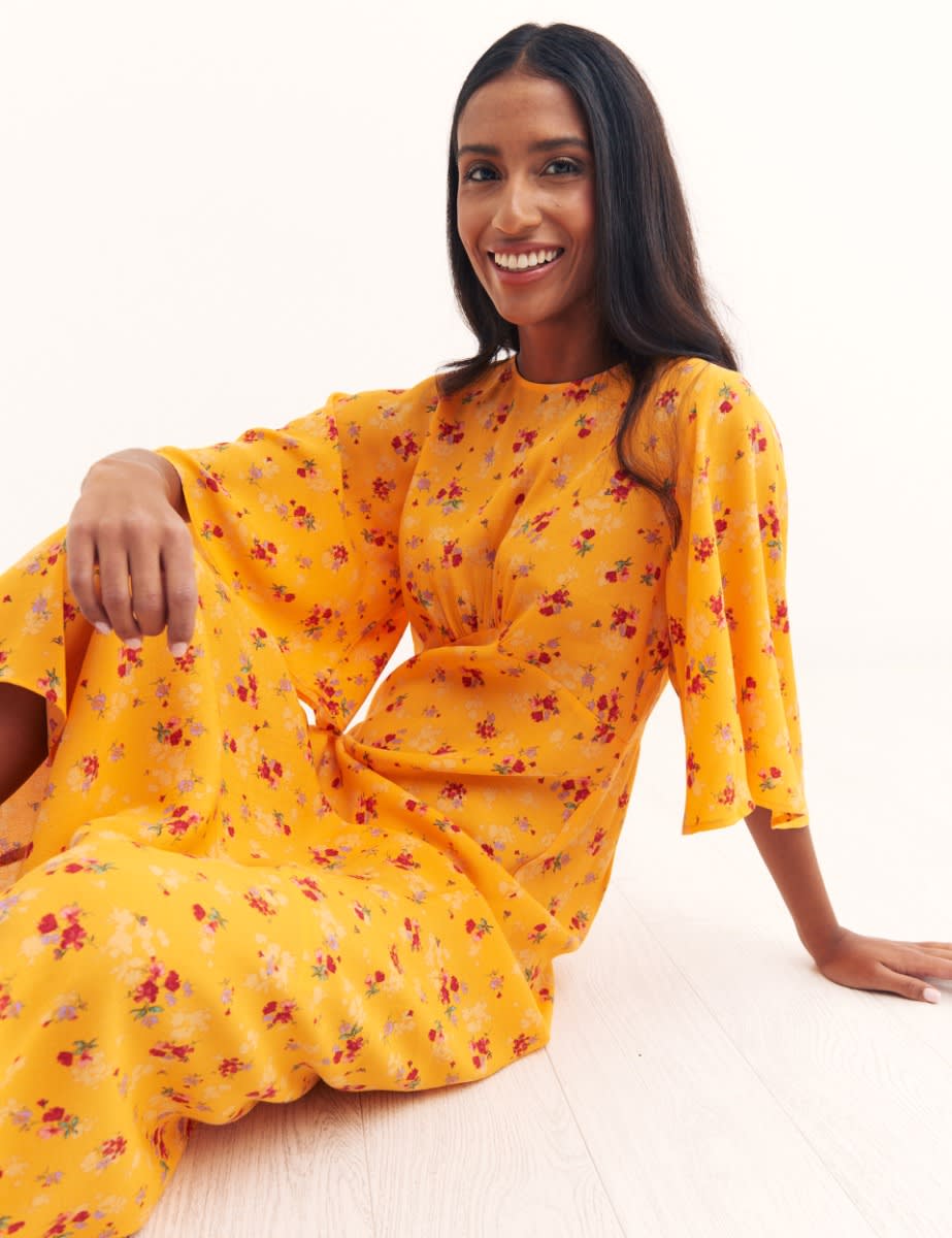 Orange Big Floral Eva Midi Dress
