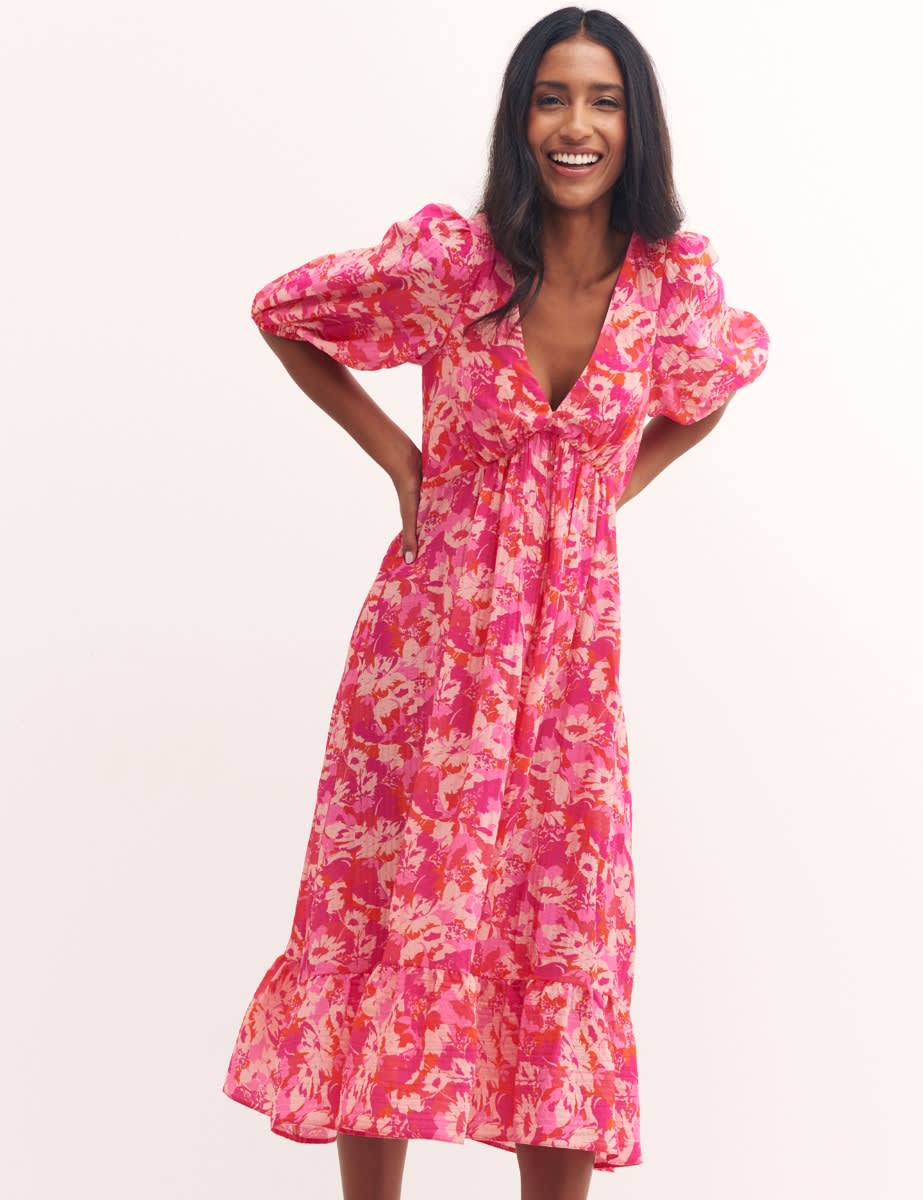 Pink Big Floral Amy Midi Dress
