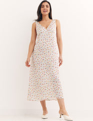 Cream Pink Big Floral Helena Midi Dress