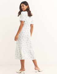 White Ditsy Floral Short Sleeve Selena Midi Dress