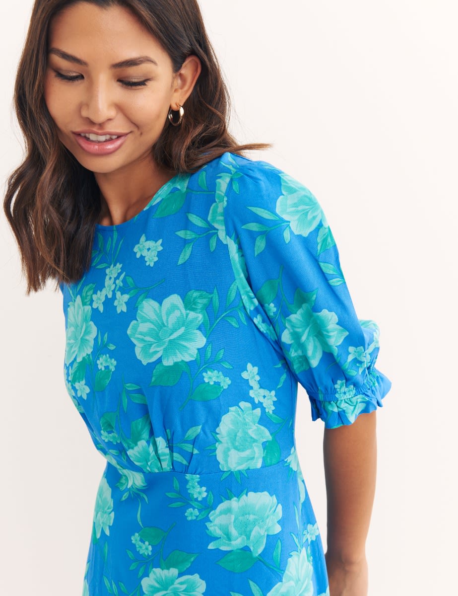 Blue and Green Ditsy Floral Short Sleeve Selena Midi Dress