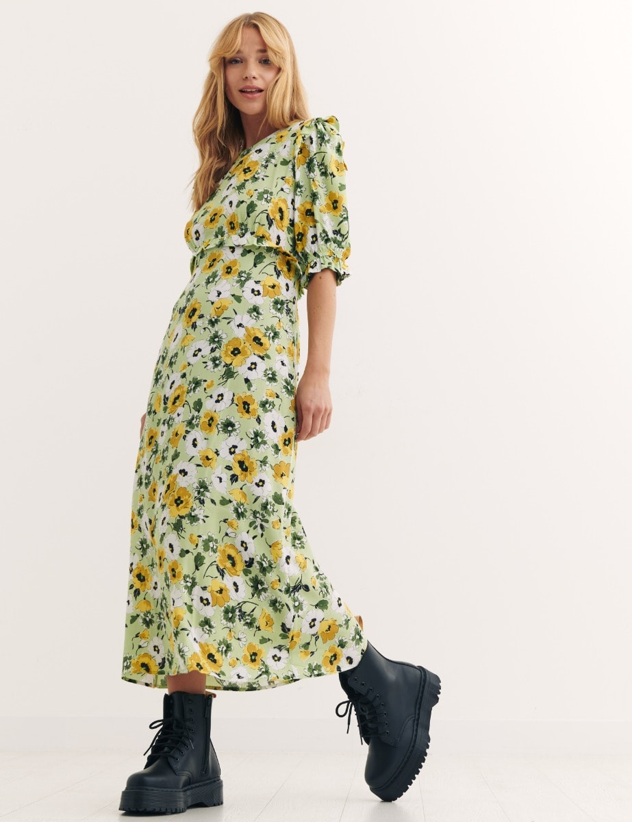 Green Big Floral Felicia Midi Dress