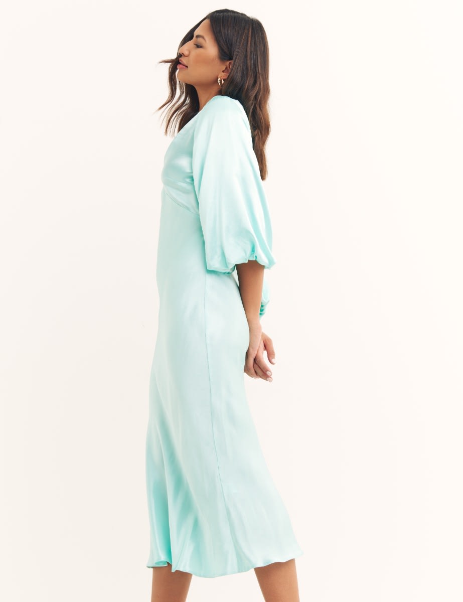 Light Blue Ciara V Neck Satin Midi Dress