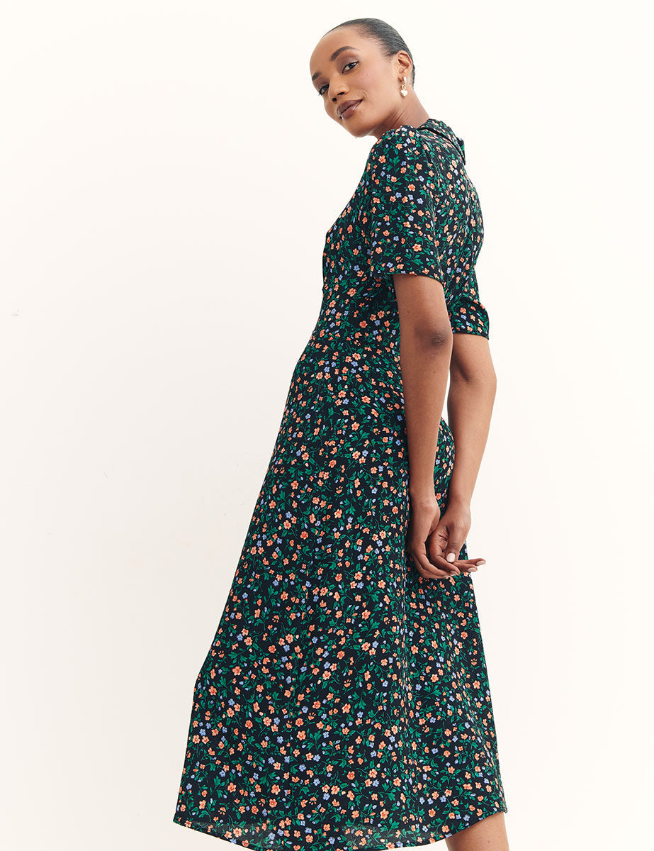 Black Ditsy Floral Daisy Midi Dress