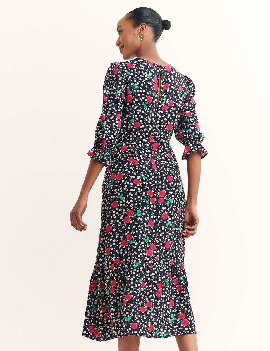 Black Nadia Cherry Long Sleeved Selena Midi Dress