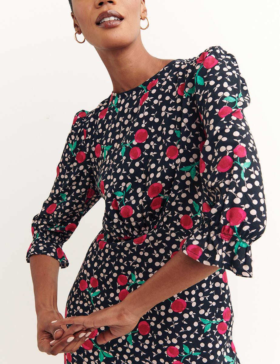 Black Nadia Cherry Long Sleeved Selena Midi Dress