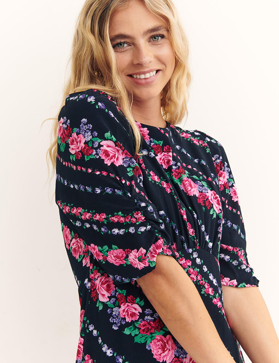 Black Orianna Floral Stripe Evie Midi Dress