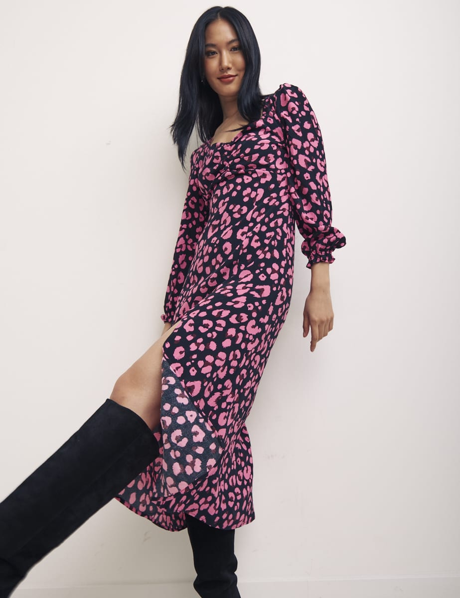 Black Violet Animal Pink Long Sleeve Rosie Midi Dress