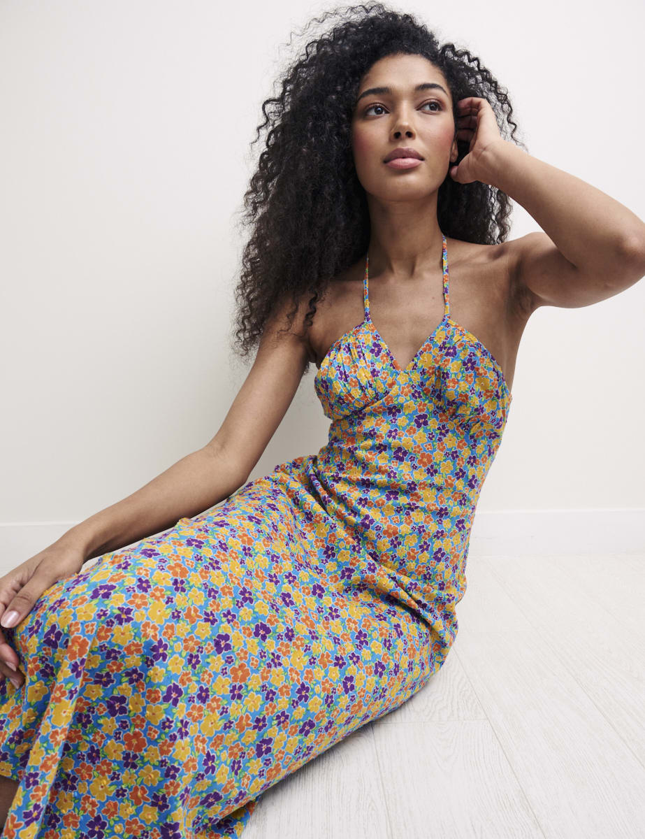 Retro Floral Halter Neck Garnet Midaxi Dress