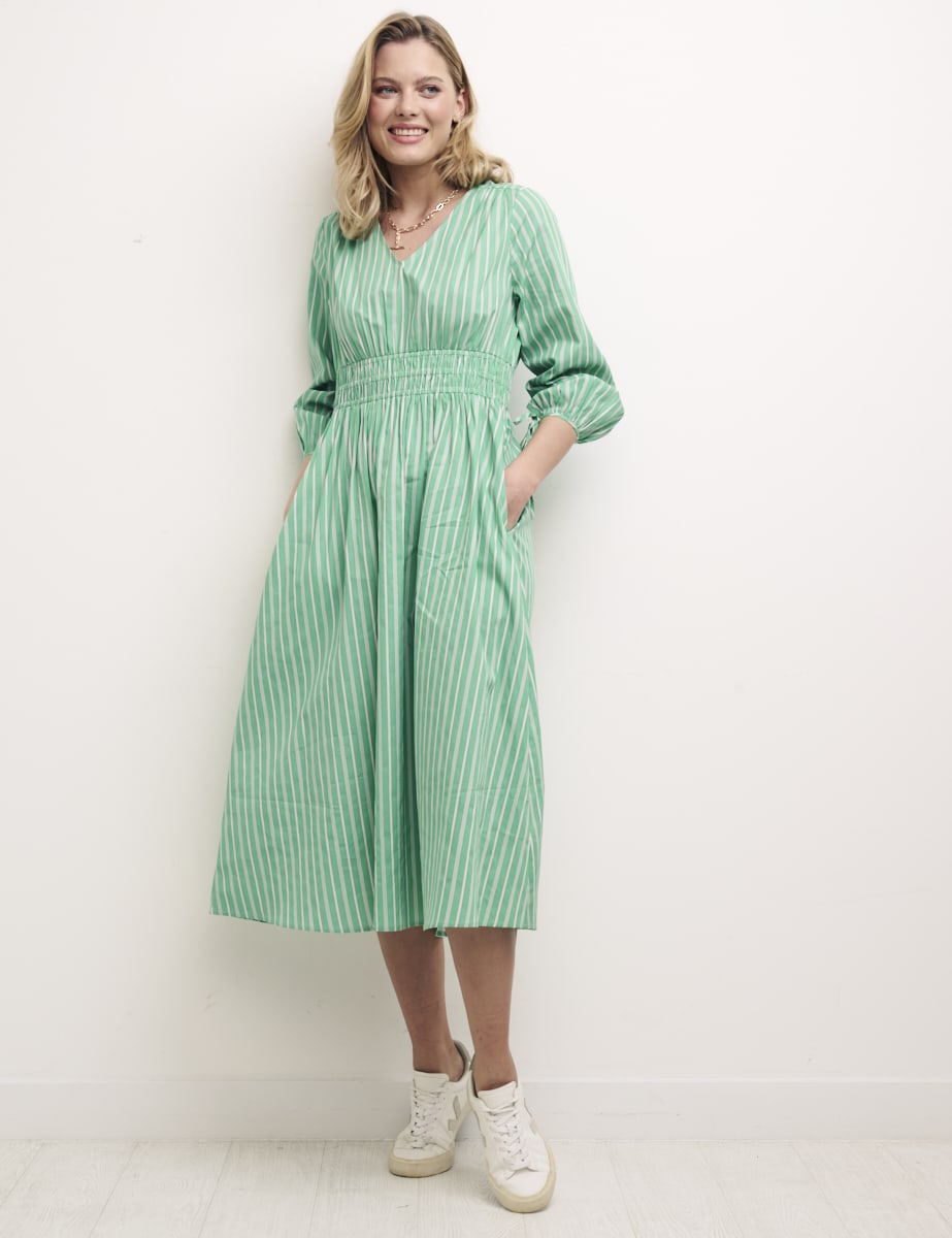 Green Stripe Long Sleeved Cassie Midi Dress