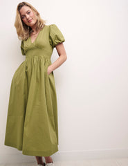 Green Sansa Puff Sleeve Midi Dress