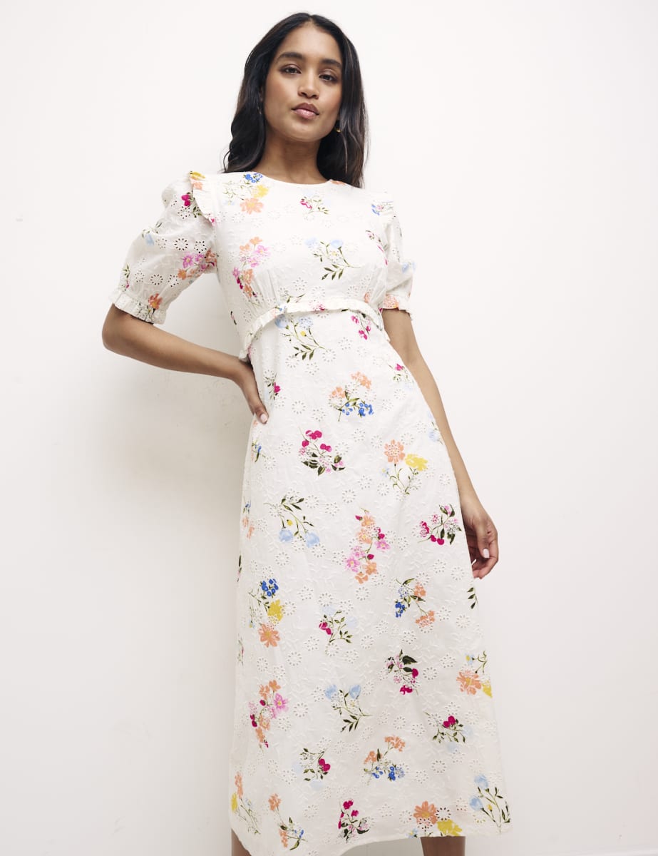 White Floral Broderie Felicia Midi Dress