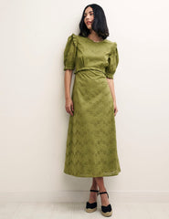 Olive Green Felicia Broderie Midi Dress