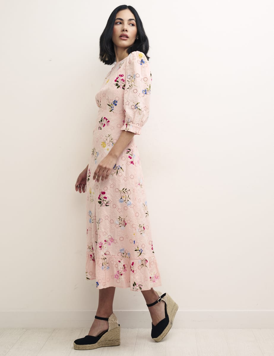 Pink Floral Selena Broderie Midi Dress