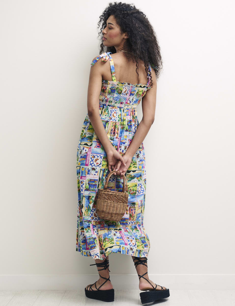 Postcard Print Tie Strap Millie Smock Midi Dress