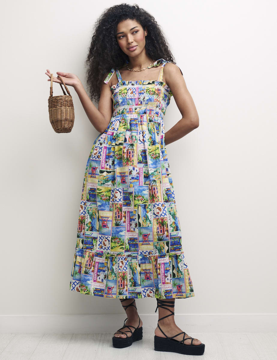 Postcard Print Tie Strap Millie Smock Midi Dress