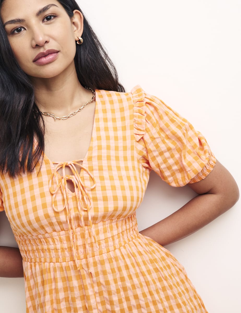 Orange Gingham Check V-Neck Wednesday Midi Dress