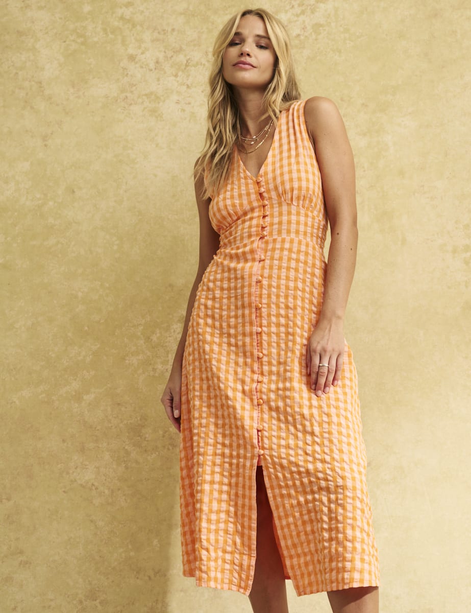 Petite Orange Gingham Check Sandra Midi Dress
