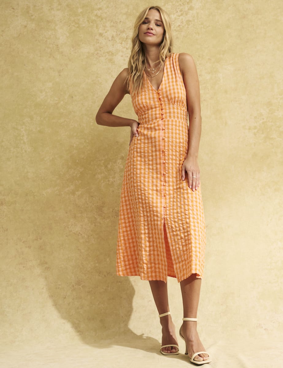 Petite Orange Gingham Check Sandra Midi Dress