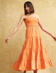 Petite Orange Shirred Maisi Midi Dress