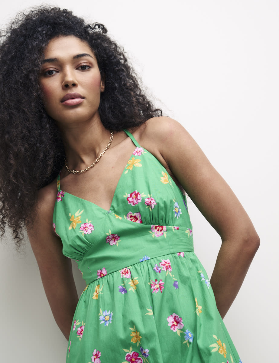 Petite Green Floral Tie Back Detail Billie Midi Dress